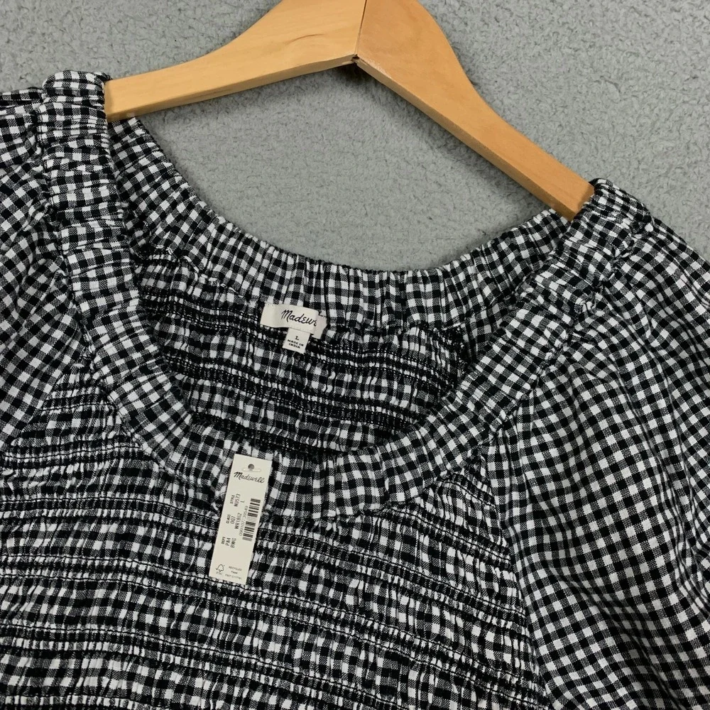 Madewell Mini Dress Size Large Black/White Gingham Smocked U-Neck Linen NWT $119 - Picture 3 of 11